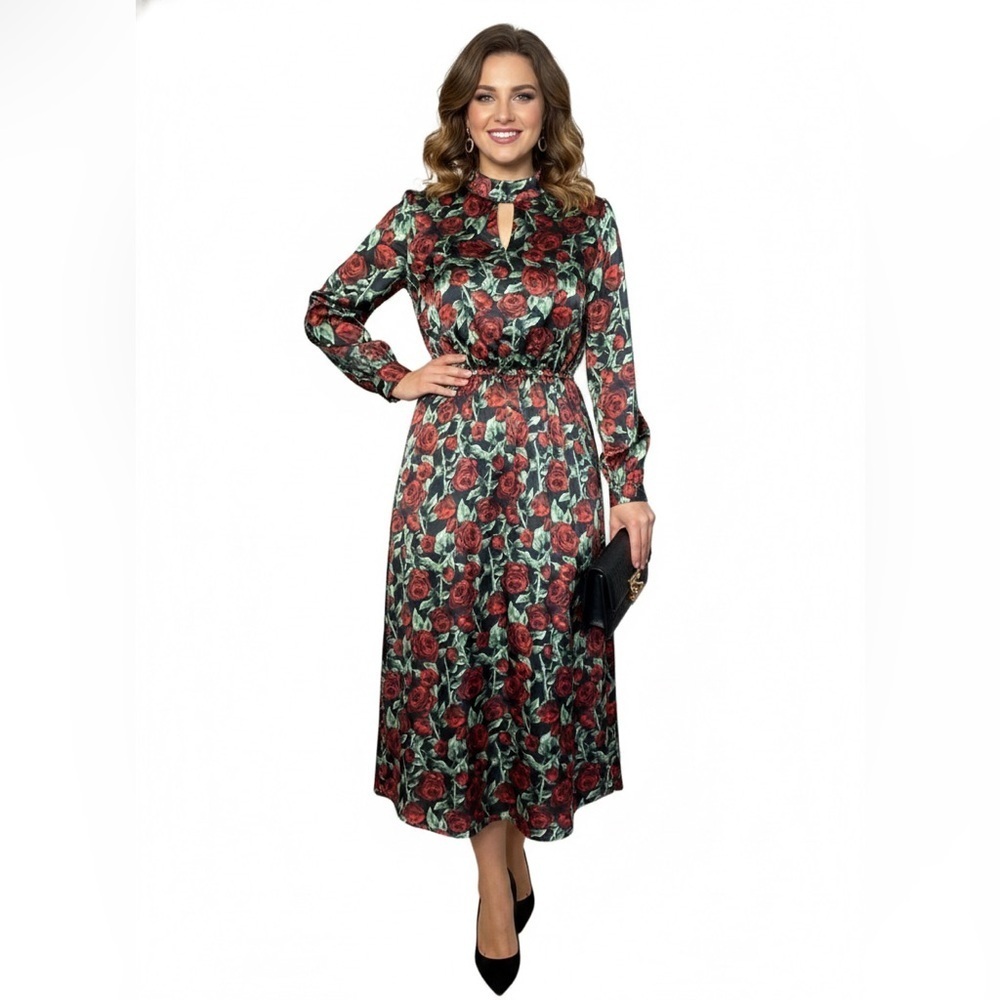 XI·YE Couture Rose Print Midi Dress Long Sleeve Keyhole Neck